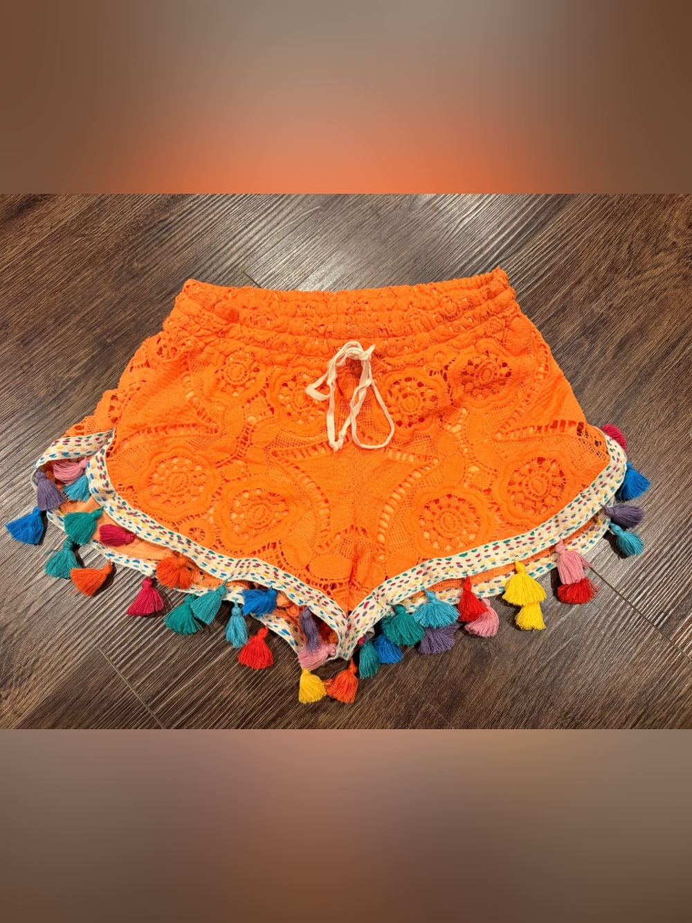 Judith March S Orange Crochet Lace Tassel Shorts